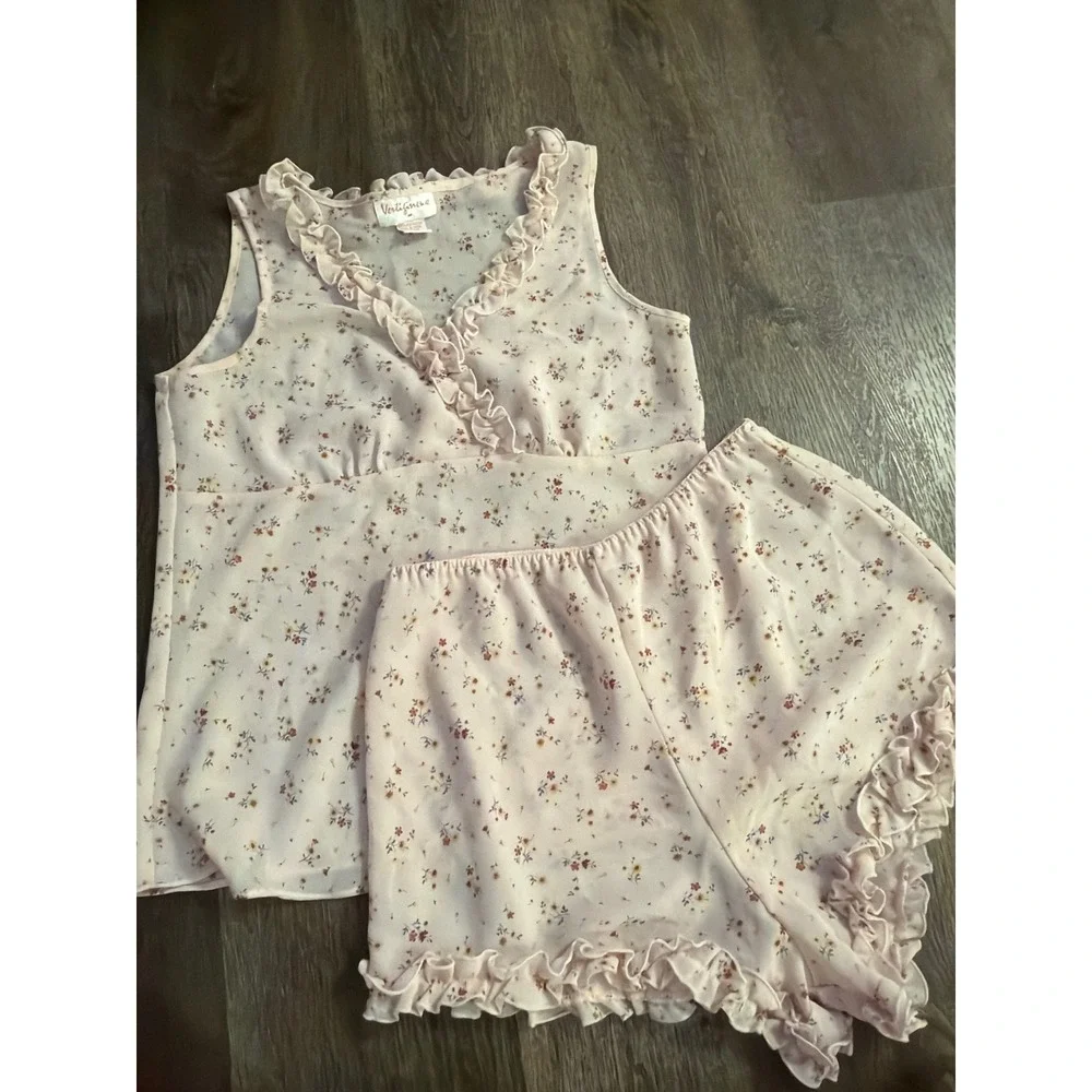 Vertigineux Y2K Womens Pink Floral Ruffle Pajama Set Sleeveless Top Size M